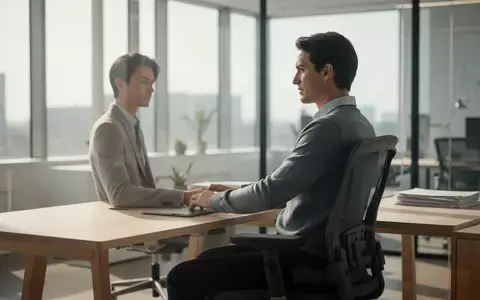 Eine Person sitzt in einer entspannten, ergonomischen Haltung an einem modernen Schreibtisch in einem hellen Büro. - Foto: über boerse-global.de