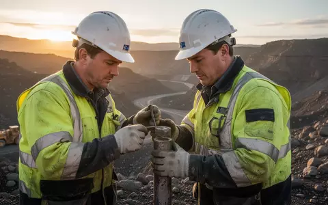 Ein Geologe in Schutzkleidung untersucht eine Gesteinsprobe in einer weitläufigen, sonnendurchfluteten Bergbaulandschaft. - Foto: über boerse-global.de
