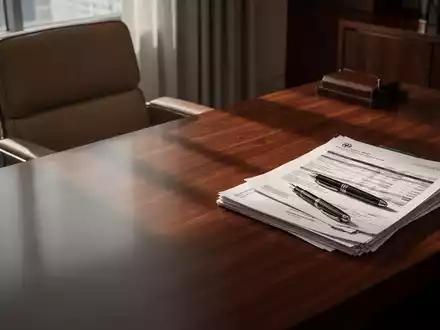Ein leerer Schreibtisch mit Dokumenten und einem Füllfederhalter in einem modernen, professionellen Büro. - Foto: über boerse-global.de