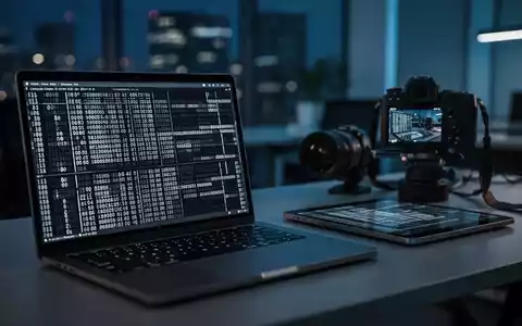 Ein Laptop mit komplexem Programmcode neben einem Tablet, das ein Bild anzeigt, in einem abgedunkelten Büro. - Foto: über boerse-global.de