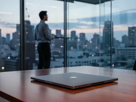 Ein minimalistischer moderner Arbeitsplatz in einem Technologieunternehmen mit Blick auf eine nächtliche Stadtlandschaft. - Foto: über boerse-global.de