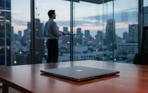 Ein minimalistischer moderner Arbeitsplatz in einem Technologieunternehmen mit Blick auf eine nächtliche Stadtlandschaft. - Foto: über boerse-global.de