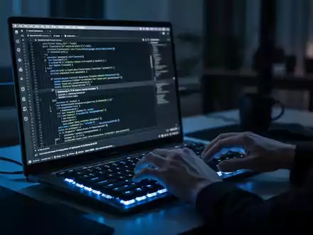 Ein beleuchteter Laptop in einem dunklen Büro zeigt komplexen Programmiercode auf dem Bildschirm. - Foto: über boerse-global.de