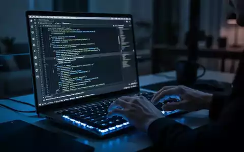 Ein beleuchteter Laptop in einem dunklen Büro zeigt komplexen Programmiercode auf dem Bildschirm. - Foto: über boerse-global.de