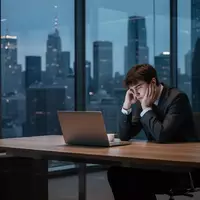 Ein erschöpfter Anwalt sitzt spät abends an einem modernen Schreibtisch in einem Bürogebäude mit Blick auf die Stadt. - Foto: über boerse-global.de