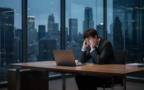 Ein erschöpfter Anwalt sitzt spät abends an einem modernen Schreibtisch in einem Bürogebäude mit Blick auf die Stadt. - Foto: über boerse-global.de