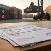 Versandunterlagen und Zollpapiere auf einem Schreibtisch vor einer Logistik-Halle mit Containern im Hintergrund. - Foto: über boerse-global.de