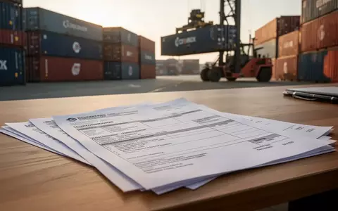 Versandunterlagen und Zollpapiere auf einem Schreibtisch vor einer Logistik-Halle mit Containern im Hintergrund. - Foto: über boerse-global.de