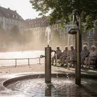 Menschen suchen bei starker Hitze im Schatten eines öffentlichen Parks Schutz an einem Brunnen. - Foto: über boerse-global.de