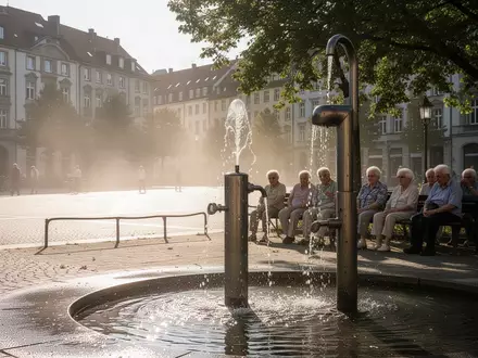 Menschen suchen bei starker Hitze im Schatten eines öffentlichen Parks Schutz an einem Brunnen. - Foto: über boerse-global.de