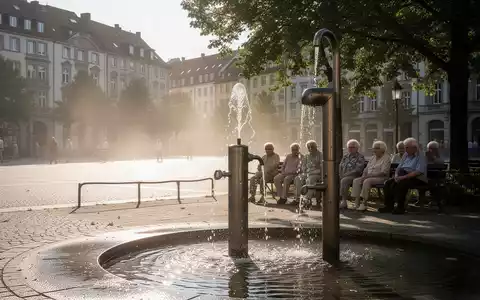 Menschen suchen bei starker Hitze im Schatten eines öffentlichen Parks Schutz an einem Brunnen. - Foto: über boerse-global.de
