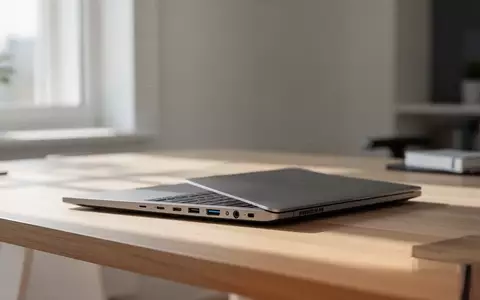 Ein modernes Laptop auf einem Holztisch in einem hellen Büro, das verschiedene seitliche Anschlüsse zeigt. - Foto: über boerse-global.de