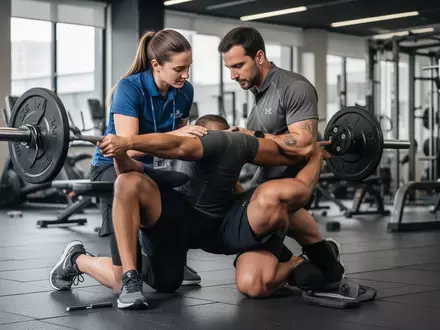 Sportphysiotherapeut bei der Korrektur einer Übungsausführung mit einem Athleten in einem modernen Trainingsraum. - Foto: über boerse-global.de