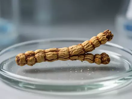 Nahaufnahme eines getrockneten chinesischen Raupenpilzes auf einer glatten Laboroberfläche in einem klinischen Umfeld. - Foto: über boerse-global.de