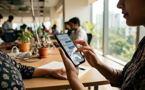 Eine Person benutzt in einem modernen Büro in Indien ein Smartphone mit einer KI-Benutzeroberfläche. - Foto: über boerse-global.de
