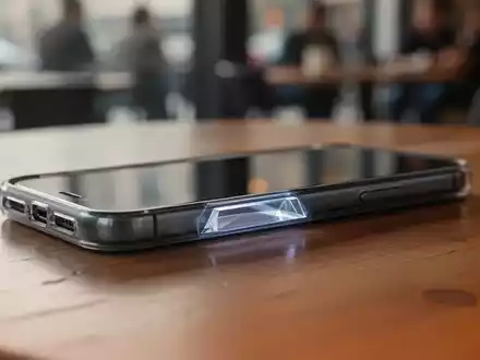 Ein Smartphone liegt auf einem Tisch, wobei ein integriertes Prisma in der Schutzhülle zur diskreten Videoaufnahme dient. - Foto: über boerse-global.de