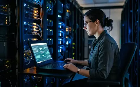 Ein IT-Administrator arbeitet konzentriert an einem Laptop in einem modernen Serverraum mit blauer Beleuchtung. - Foto: über boerse-global.de