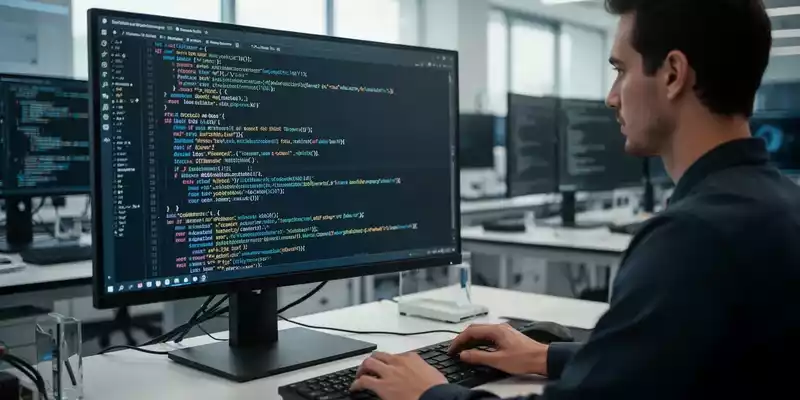 Ein Softwareentwickler arbeitet in einem modernen Cybersicherheits-Labor an komplexem Code für vernetzte Geräte. - Foto: über boerse-global.de