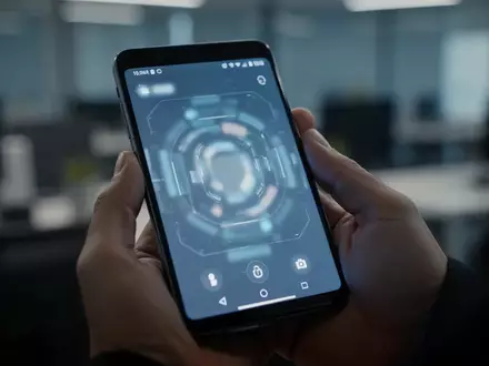 Ein modernes Android-Smartphone in einer Hand, während eine Sicherheitsüberprüfung im Hintergrund stattfindet. - Foto: über boerse-global.de