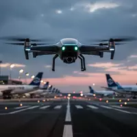 Eine Drohne schwebt bei Dämmerung über einem Frachtflughafen nahe abgestellter Transportflugzeuge. - Foto: über boerse-global.de