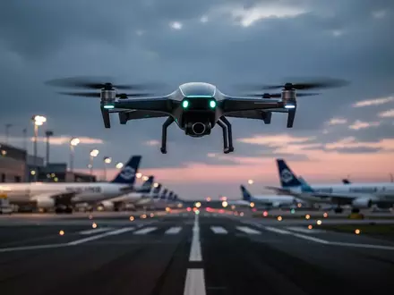 Eine Drohne schwebt bei Dämmerung über einem Frachtflughafen nahe abgestellter Transportflugzeuge. - Foto: über boerse-global.de