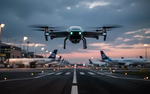 Eine Drohne schwebt bei Dämmerung über einem Frachtflughafen nahe abgestellter Transportflugzeuge. - Foto: über boerse-global.de