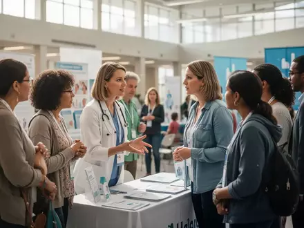 Gesundheitsfachkraft im Gespräch mit Besuchern an einem Informationsstand auf einer regionalen Gesundheitsmesse. - Foto: über boerse-global.de
