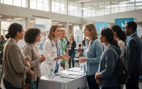 Gesundheitsfachkraft im Gespräch mit Besuchern an einem Informationsstand auf einer regionalen Gesundheitsmesse. - Foto: über boerse-global.de