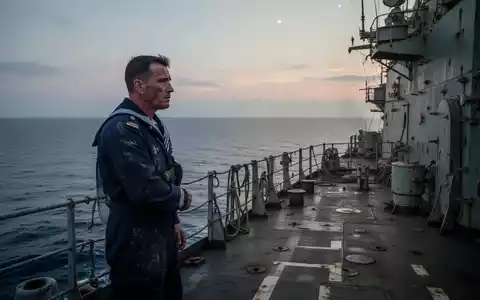 Ein erschöpfter Soldat steht an Deck eines Kriegsschiffes und blickt auf das offene Meer hinaus. - Foto: über boerse-global.de