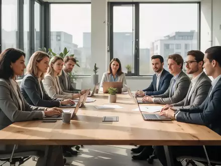 Ein professionelles Team in einem modernen deutschen Büro bei einer Besprechung an einem Konferenztisch. - Foto: über boerse-global.de