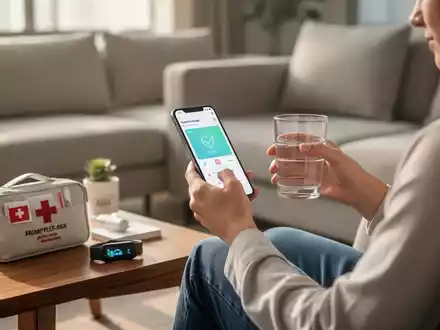 Eine Person nutzt in einem hellen Wohnzimmer eine Gesundheits-App auf dem Smartphone, während auf dem Tisch ein Erste-Hilfe-Set liegt. - Foto: über boerse-global.de