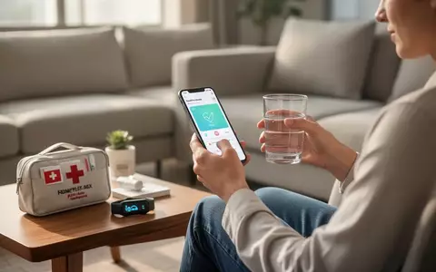 Eine Person nutzt in einem hellen Wohnzimmer eine Gesundheits-App auf dem Smartphone, während auf dem Tisch ein Erste-Hilfe-Set liegt. - Foto: über boerse-global.de
