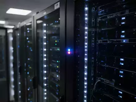Dunkler Serverraum mit blinkenden Lichtern an Server-Racks, die eine technologische Sicherheitsumgebung darstellen. - Foto: über boerse-global.de