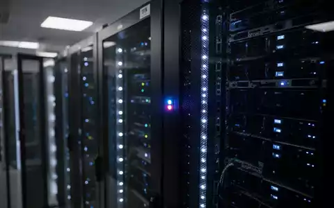 Dunkler Serverraum mit blinkenden Lichtern an Server-Racks, die eine technologische Sicherheitsumgebung darstellen. - Foto: über boerse-global.de