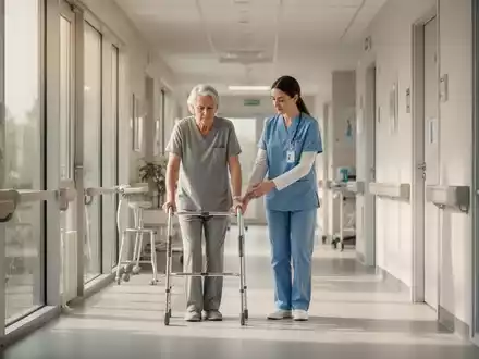Ein Physiotherapeut unterstützt einen Patienten in einem hellen, modernen Flur einer orthopädischen Rehabilitationsklinik. - Foto: über boerse-global.de