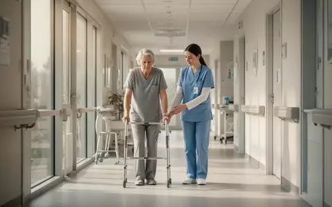 Ein Physiotherapeut unterstützt einen Patienten in einem hellen, modernen Flur einer orthopädischen Rehabilitationsklinik. - Foto: über boerse-global.de