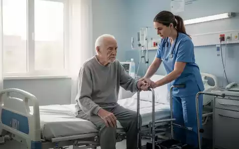 Ein älterer Patient führt während der Rehabilitation im Krankenhaus unter physiotherapeutischer Anleitung Bewegungsübungen aus. - Foto: über boerse-global.de