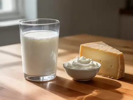 Ein Glas Vollmilch, eine Schale griechischer Joghurt und ein Stück Käse auf einem Holztisch bei natürlichem Tageslicht. - Foto: über boerse-global.de