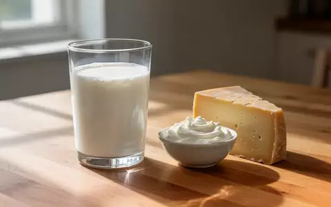 Ein Glas Vollmilch, eine Schale griechischer Joghurt und ein Stück Käse auf einem Holztisch bei natürlichem Tageslicht. - Foto: über boerse-global.de