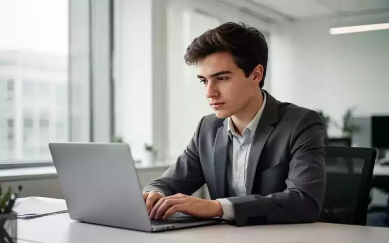 Ein junger Berufstätiger arbeitet konzentriert an einem Laptop in einem modernen, hellen Büro. - Foto: über boerse-global.de