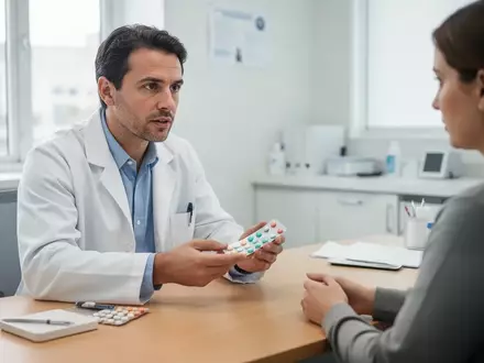 Ein Arzt im weißen Kittel berät einen Patienten in einer modernen Klinik und bespricht die Anwendung von Medikamenten. - Foto: über boerse-global.de