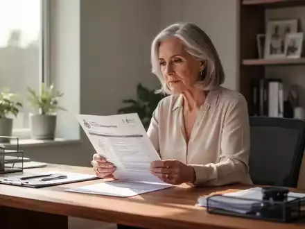 Eine Frau mittleren Alters betrachtet nachdenklich medizinische Unterlagen in einem hellen, natürlich beleuchteten Arbeitszimmer. - Foto: über boerse-global.de