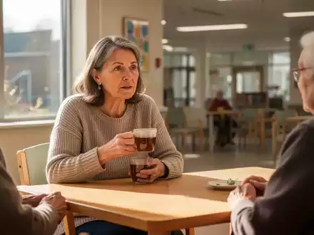 Eine Frau im Gespräch mit einem älteren Menschen in einem hellen, freundlichen Gemeinschaftsraum. - Foto: über boerse-global.de