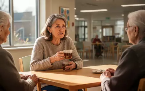 Eine Frau im Gespräch mit einem älteren Menschen in einem hellen, freundlichen Gemeinschaftsraum. - Foto: über boerse-global.de