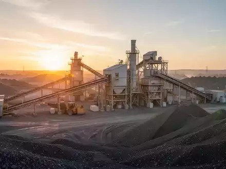 Moderne Mineralverarbeitungsanlage bei Sonnenaufgang mit industriellen Anlagen und Rohstofflagern. - Foto: über boerse-global.de