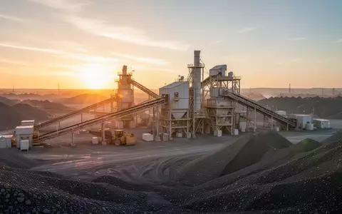 Moderne Mineralverarbeitungsanlage bei Sonnenaufgang mit industriellen Anlagen und Rohstofflagern. - Foto: über boerse-global.de