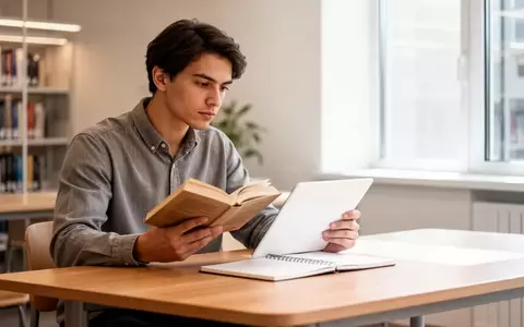 Eine konzentrierte Person lernt an einem Schreibtisch in einer Bibliothek, um die Brücke zwischen Theorie und Praxis zu schlagen. - Foto: über boerse-global.de