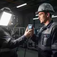 Ein Sicherheitsingenieur misst mit einem optischen Gerät die Lichtintensität an einem modernen industriellen Arbeitsplatz. - Foto: über boerse-global.de