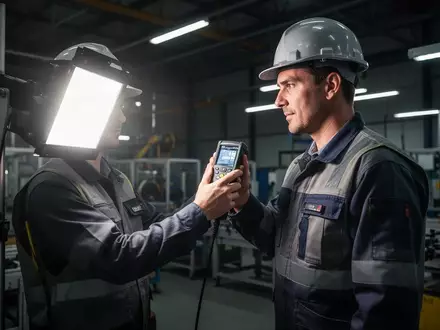Ein Sicherheitsingenieur misst mit einem optischen Gerät die Lichtintensität an einem modernen industriellen Arbeitsplatz. - Foto: über boerse-global.de