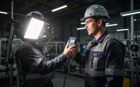 Ein Sicherheitsingenieur misst mit einem optischen Gerät die Lichtintensität an einem modernen industriellen Arbeitsplatz. - Foto: über boerse-global.de